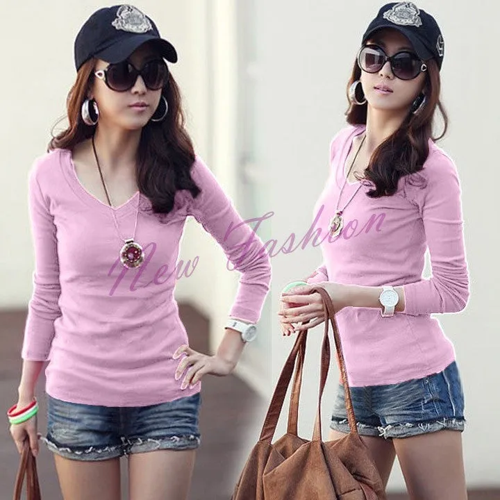 Fashion Women's Girls Basic V-Neck Long Sleeve T-shirt Bottoming Shirt Top