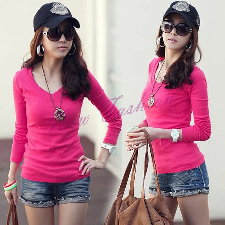 Fashion Women's Girls Basic V-Neck Long Sleeve T-shirt Bottoming Shirt Top