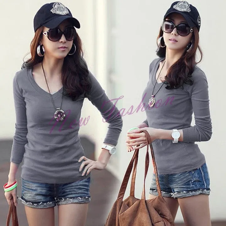 Fashion Women's Girls Basic V-Neck Long Sleeve T-shirt Bottoming Shirt Top