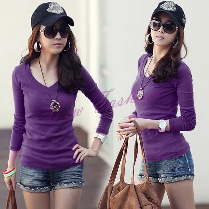 Fashion Women's Girls Basic V-Neck Long Sleeve T-shirt Bottoming Shirt Top