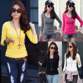 Fashion Women's Girls Basic V-Neck Long Sleeve T-shirt Bottoming Shirt Top