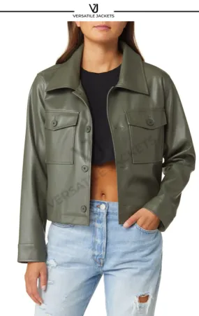 Faux Leather Crop Shirt Jacket