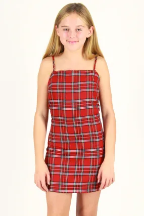 Fitted Square Strap Dress - Red Plaid