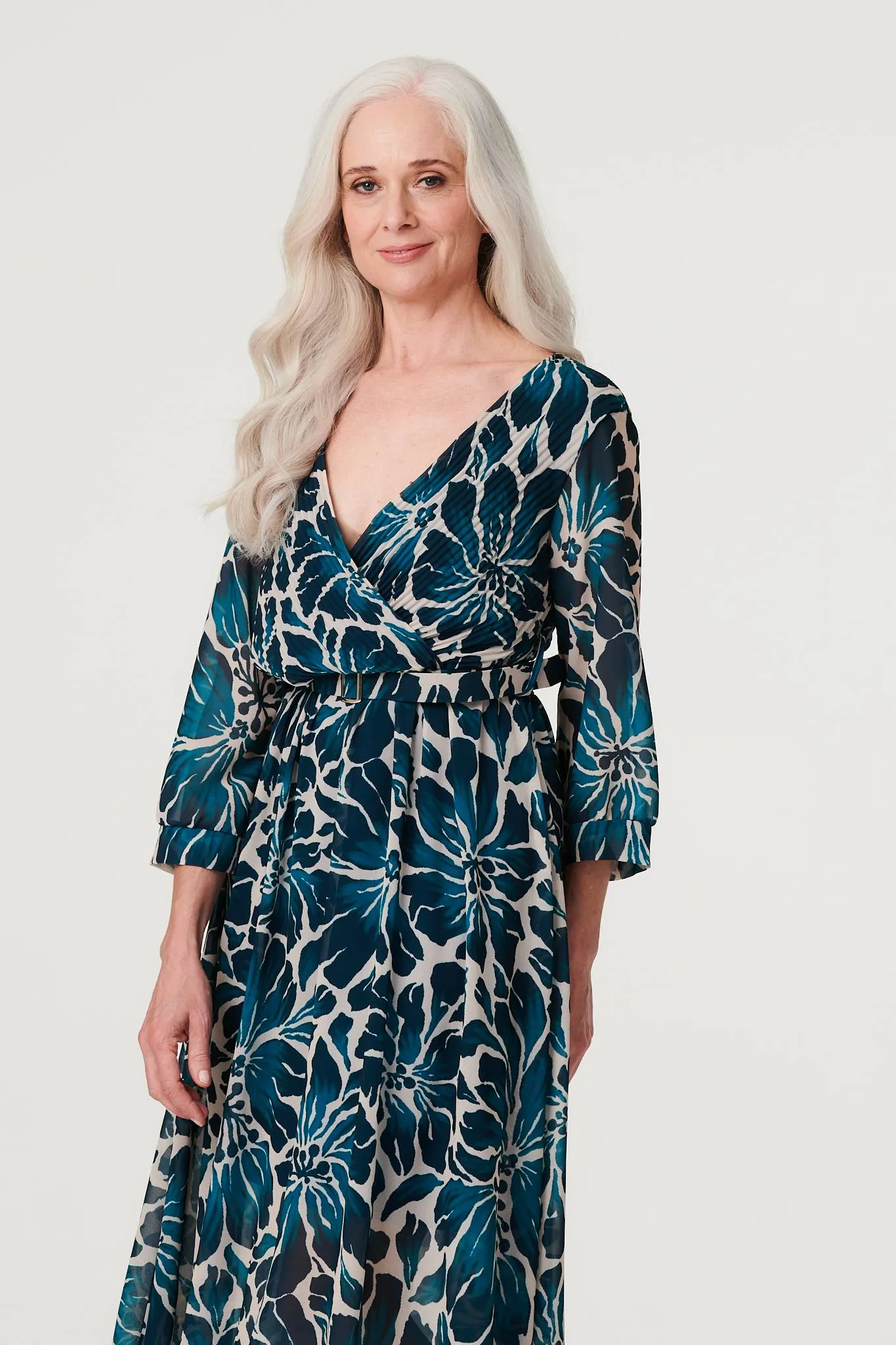 Floral Semi Sheer V-Neck Midi Dress