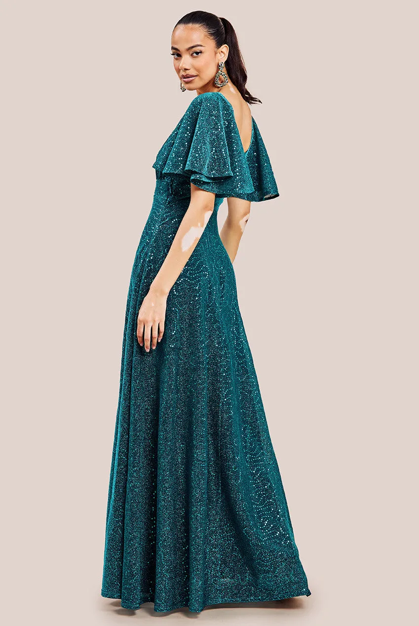 Goddiva Sequin Lurex Flutter Sleeve Maxi Dress - Tealblue