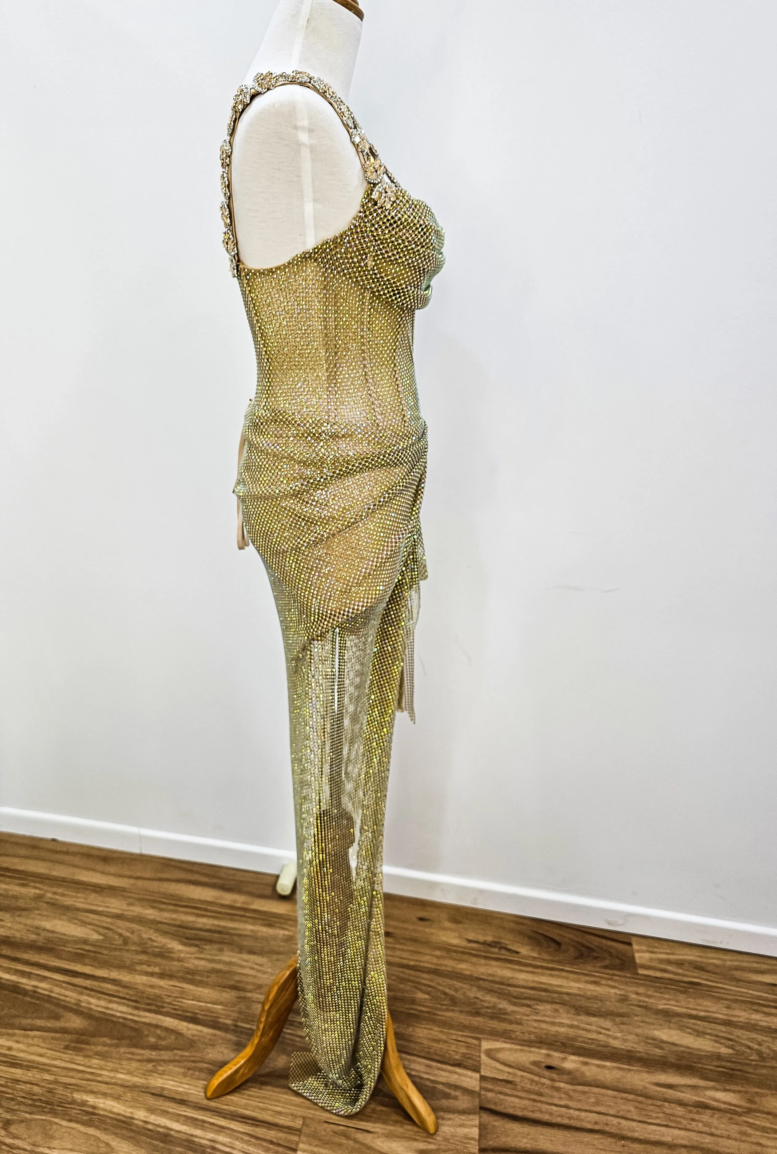 Gold mesh ruching top with lace up back dress with crystal gold strap details for hire