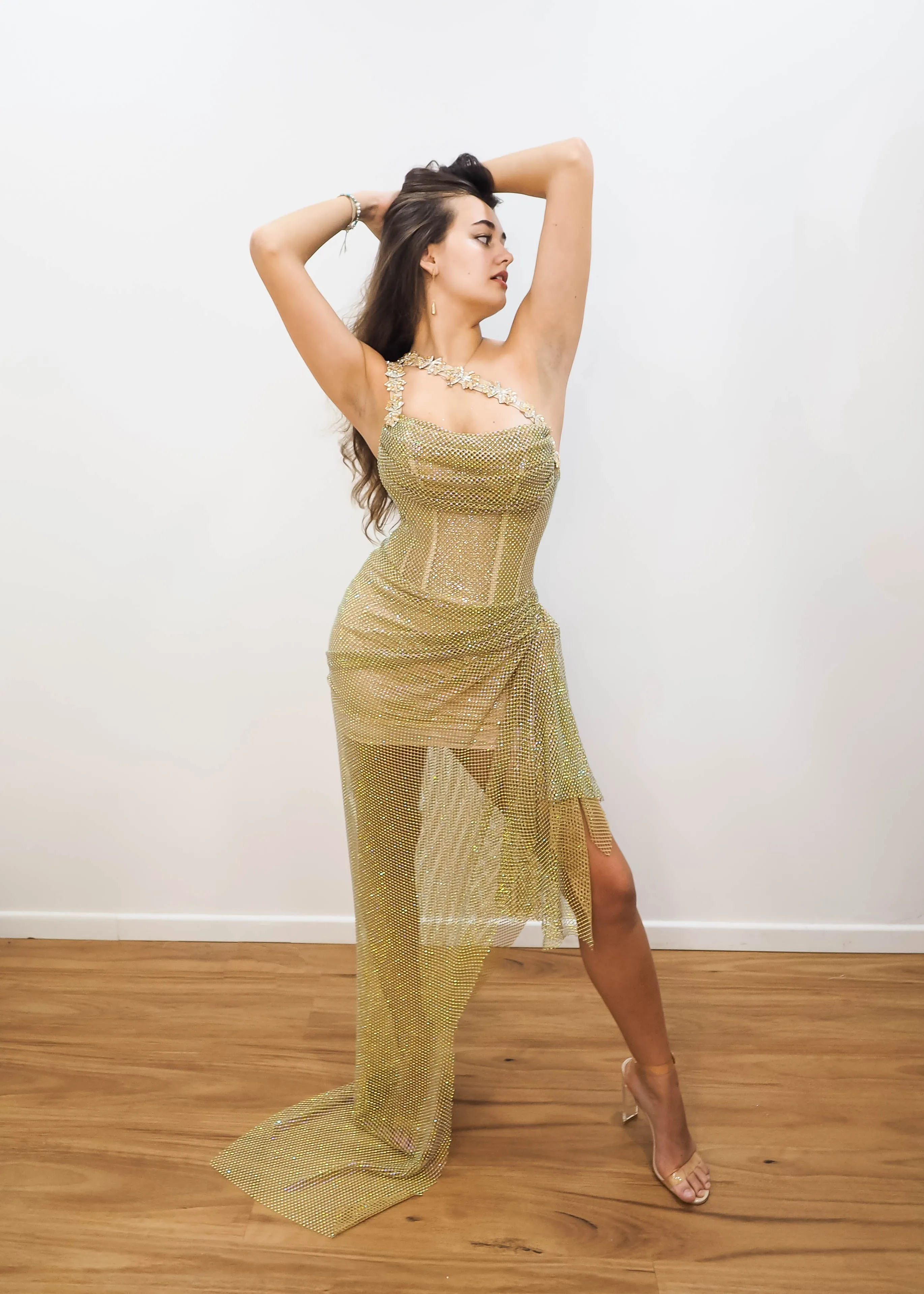 Gold mesh ruching top with lace up back dress with crystal gold strap details for hire