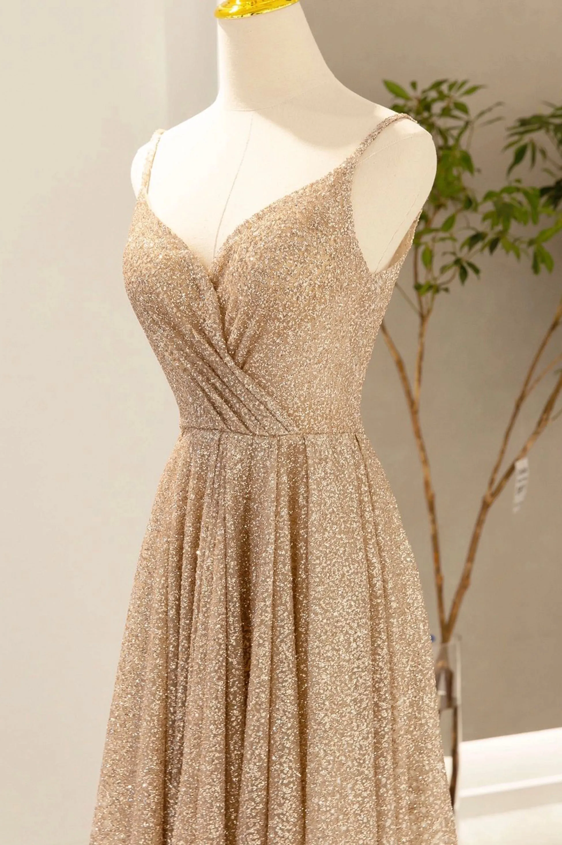 Gold V-Neck Sequins Long Prom Dress, A-Line Evening Party Dress