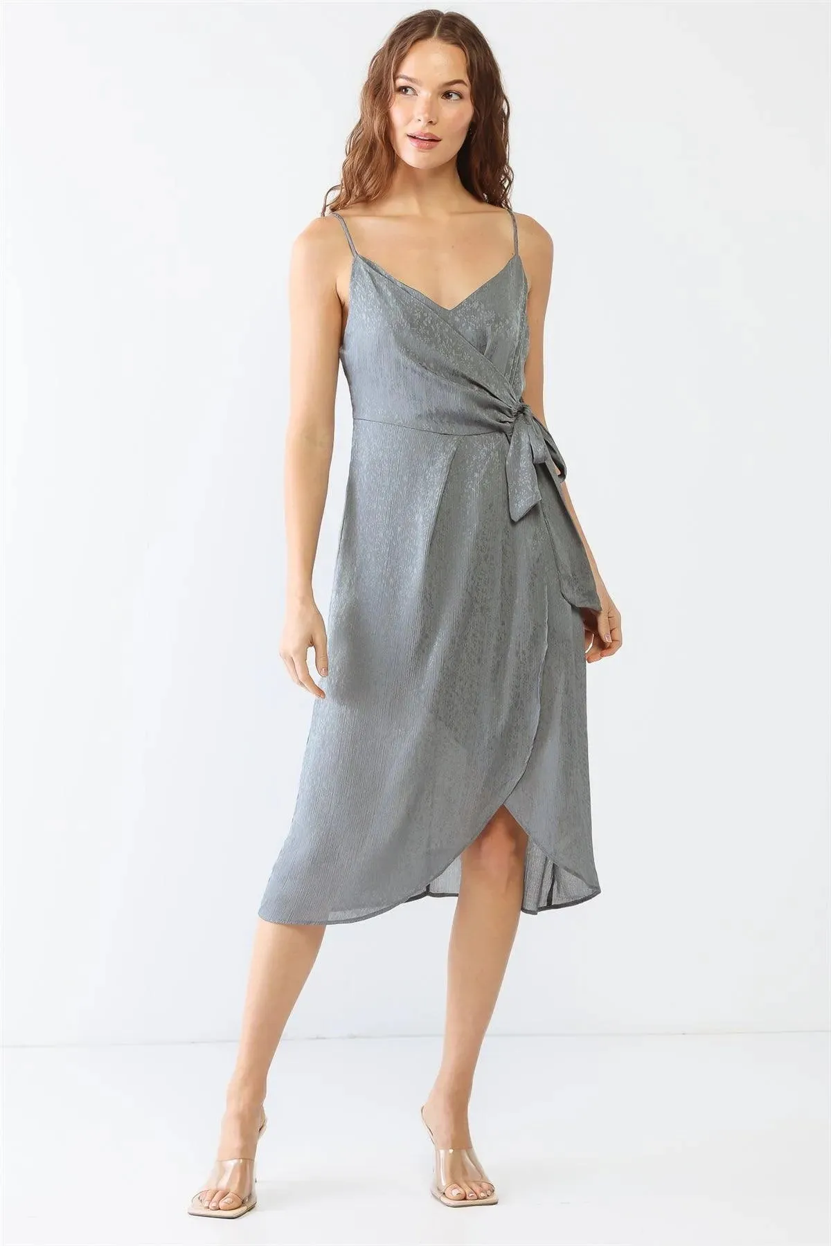 Grey Floral Print Satin Wrap V-Neck Strappy Wrap Midi Dress /2-2-2