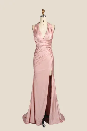 Halter Blush Pink Ruched Long Dress with Slit