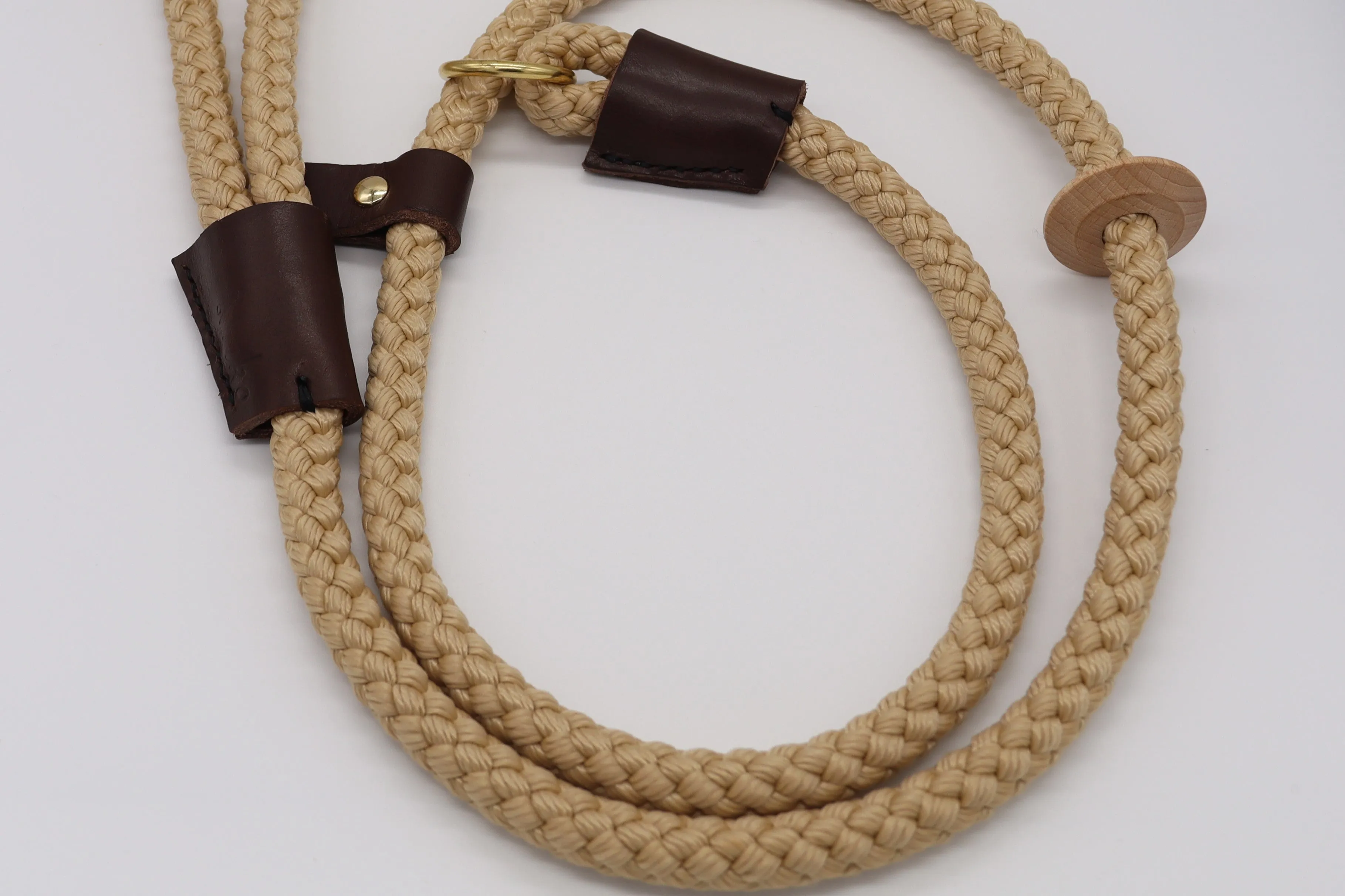 Hand sewn Slip Lead - Beige Rope with Leather and Wooden Stopper