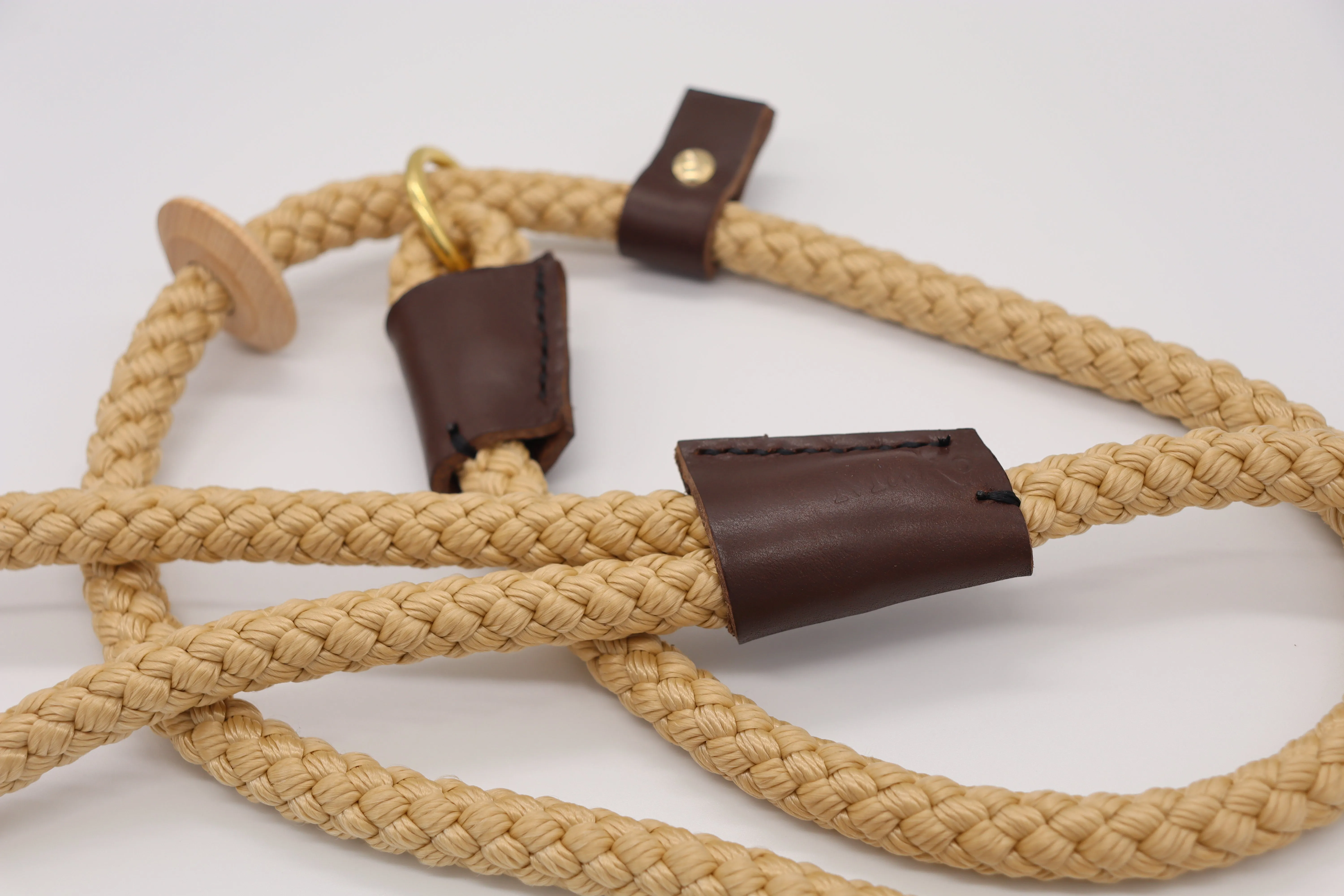 Hand sewn Slip Lead - Beige Rope with Leather and Wooden Stopper