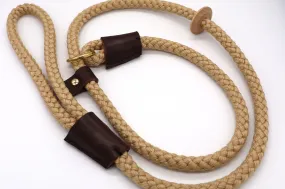 Hand sewn Slip Lead - Beige Rope with Leather and Wooden Stopper