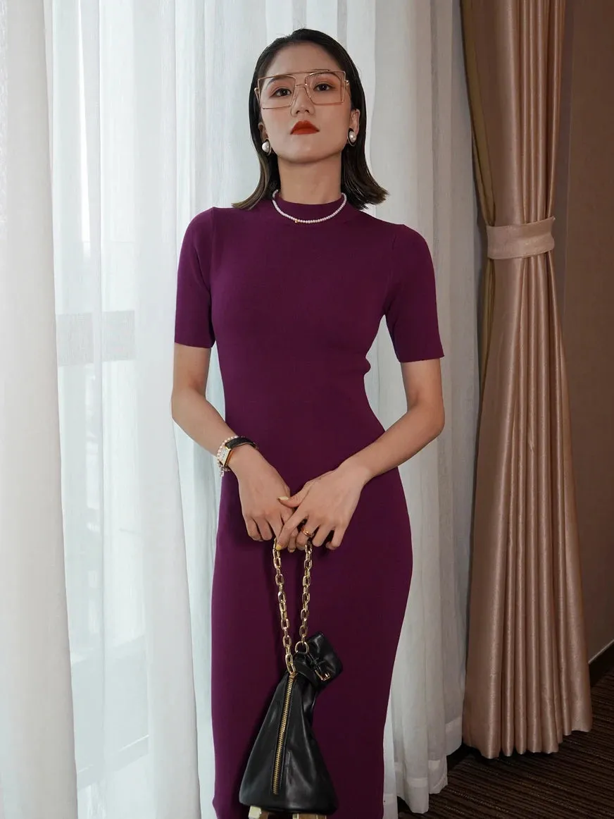 High Quality Soft Knit Dresses Korean Half Turtleneck Short Sleeve Vestidos Femme Vintage Slim Basics Dresses C-150