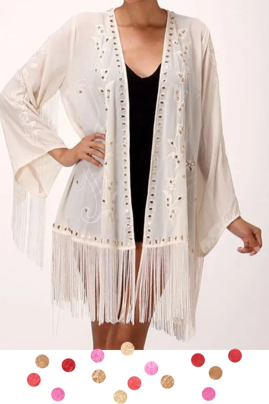 Honey Punch Kimono Rhinestones & Fringe - Ivory