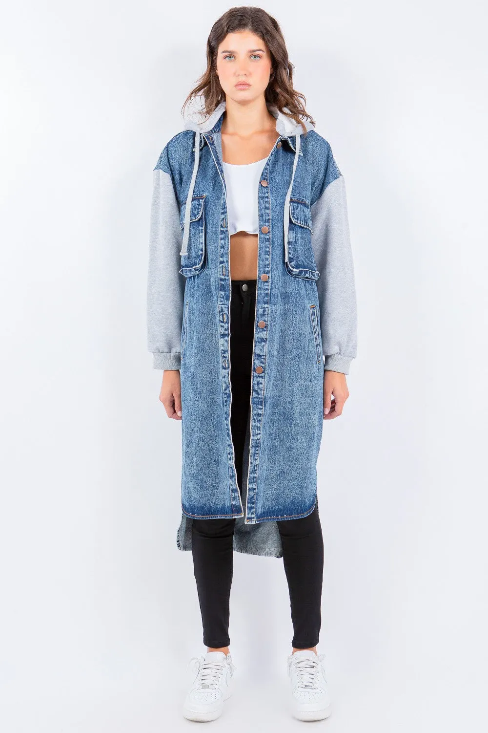 Hooded Denim Jacket Contrast Longline Maxi Light Long Cotton Jean Jackets New Women's Fahsion