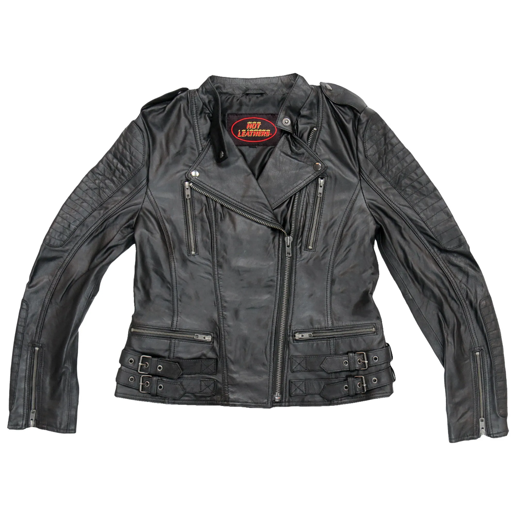 Hot Leathers JKL1030 Ladies Lightweight Motorcycle Black Leather Biker Jacket with Side Buckles