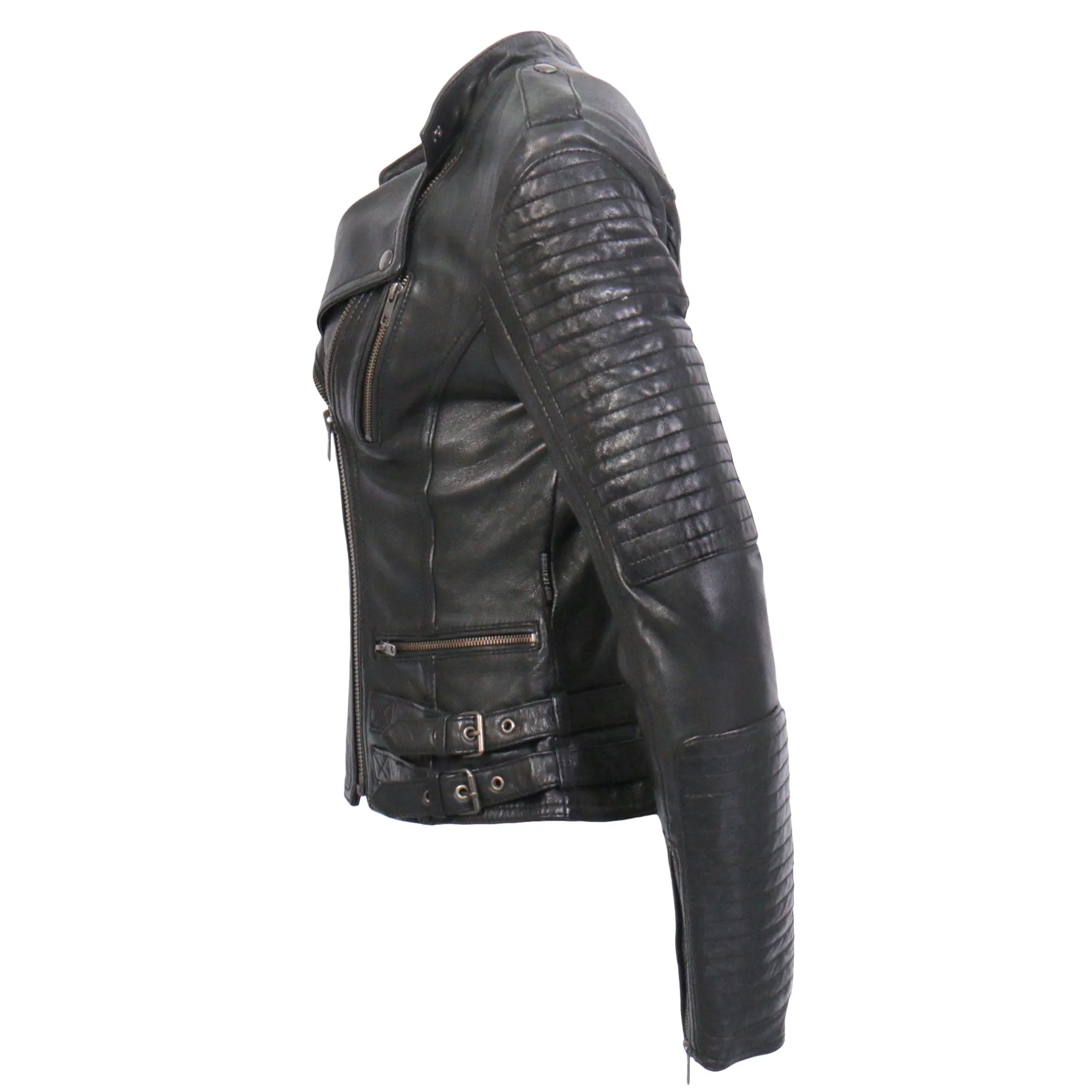 Hot Leathers JKL1030 Ladies Lightweight Motorcycle Black Leather Biker Jacket with Side Buckles