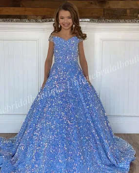 Iridescent Girl Pageant Dress  Velvet Sequin Beading Off-Shoulder little Kid Birthday Formal Party Gown A-Line Toddler Teens Preteen Floor-Length Pink Ivory