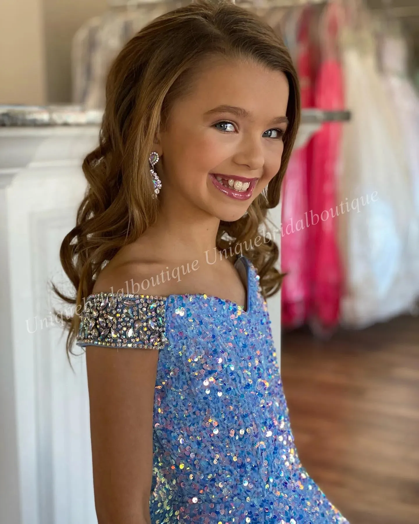 Iridescent Girl Pageant Dress  Velvet Sequin Beading Off-Shoulder little Kid Birthday Formal Party Gown A-Line Toddler Teens Preteen Floor-Length Pink Ivory