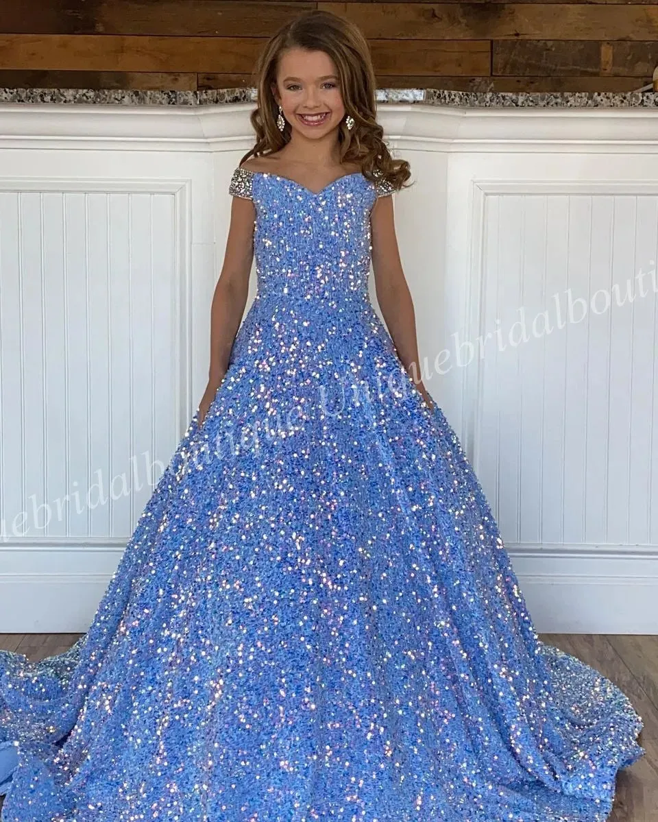 Iridescent Girl Pageant Dress  Velvet Sequin Beading Off-Shoulder little Kid Birthday Formal Party Gown A-Line Toddler Teens Preteen Floor-Length Pink Ivory