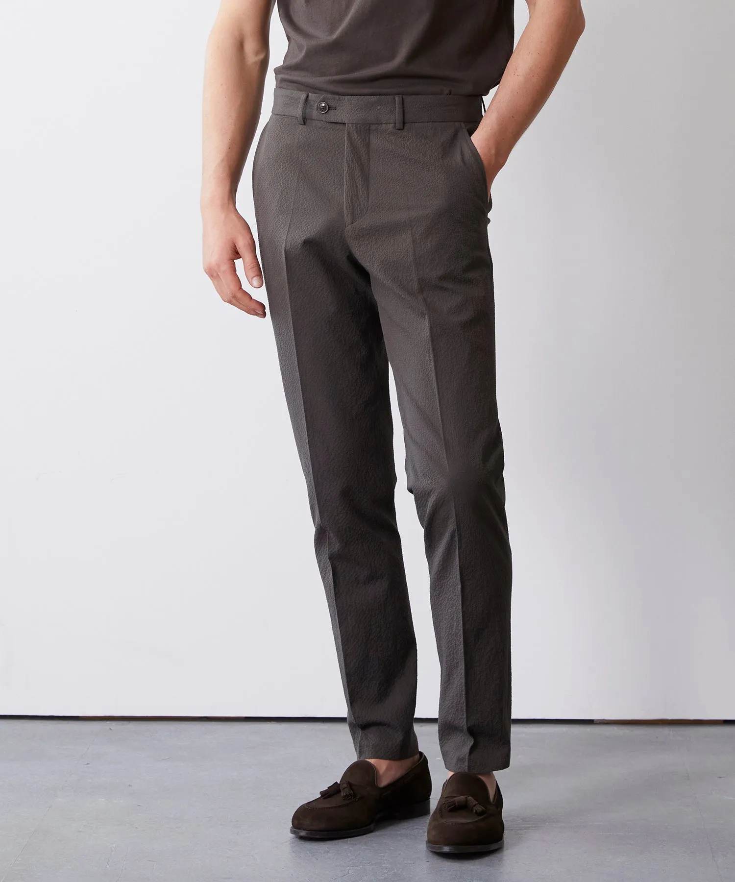 Italian Seersucker Sutton Trouser in Brown