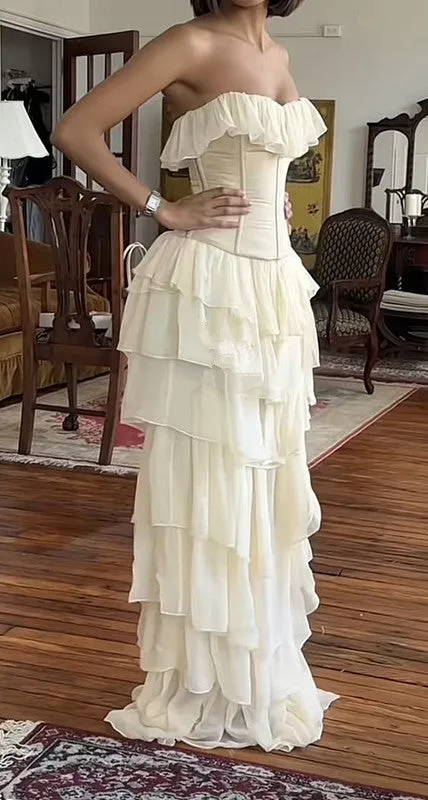 Ivory Strapless Chiffon Tiered Sheath Gorgeous Evening Dress      fg5914