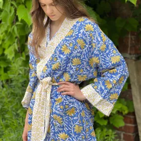 Jaipur Blue & Yellow Block Print Cotton Robe