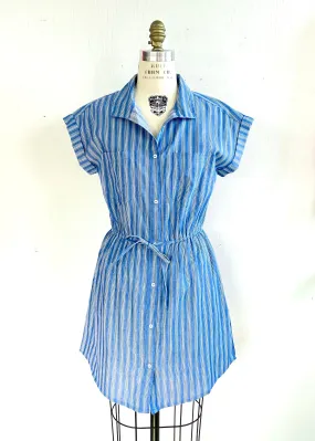 JAPNA Women’s blue pinstripe shirt dress w/ elastic waist with drawstring, M