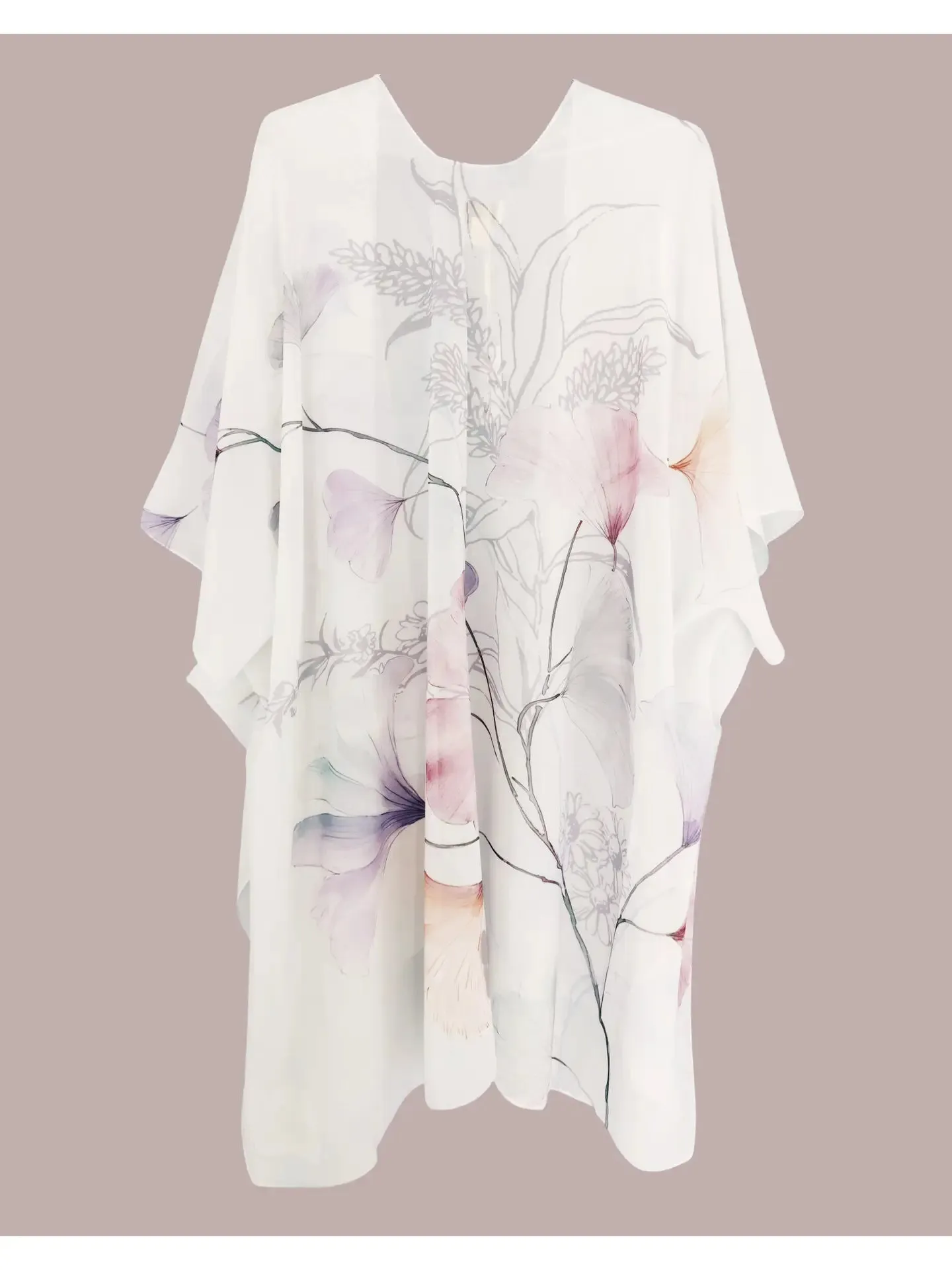 JC071208 White-Multi Romantic Floral Open-Front Kimono