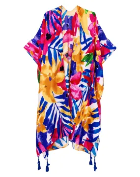 JC083358 Fuchsia & Blue Tassel-Accent Tropical Kimono