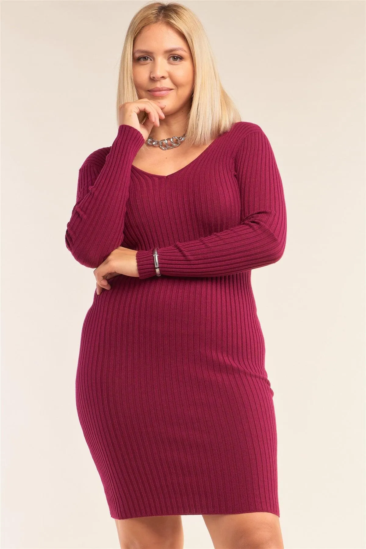 Junior Plus Size Magenta V-Neck Long Sleeve Ribbed Sweater Bodycon Mini Dress /3-2