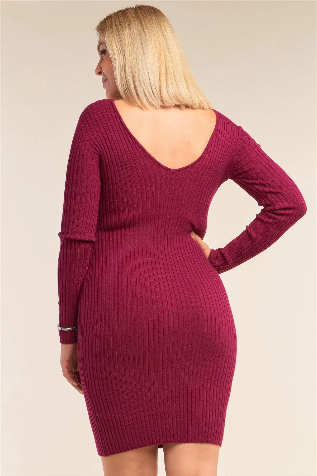 Junior Plus Size Magenta V-Neck Long Sleeve Ribbed Sweater Bodycon Mini Dress /3-2