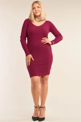 Junior Plus Size Magenta V-Neck Long Sleeve Ribbed Sweater Bodycon Mini Dress /3-2