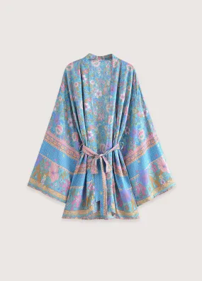 Kimono court fleuri bleu et rose