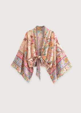 Kimono court fleuri rose pâle