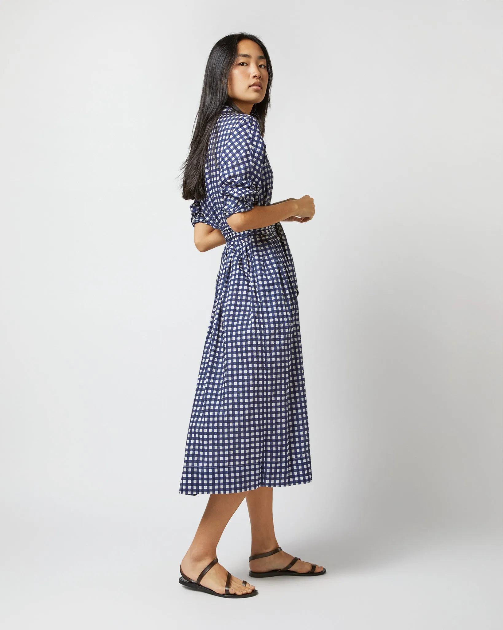 Kimono Shirtwaist Dress in Navy/Ivory Gingham Seersucker