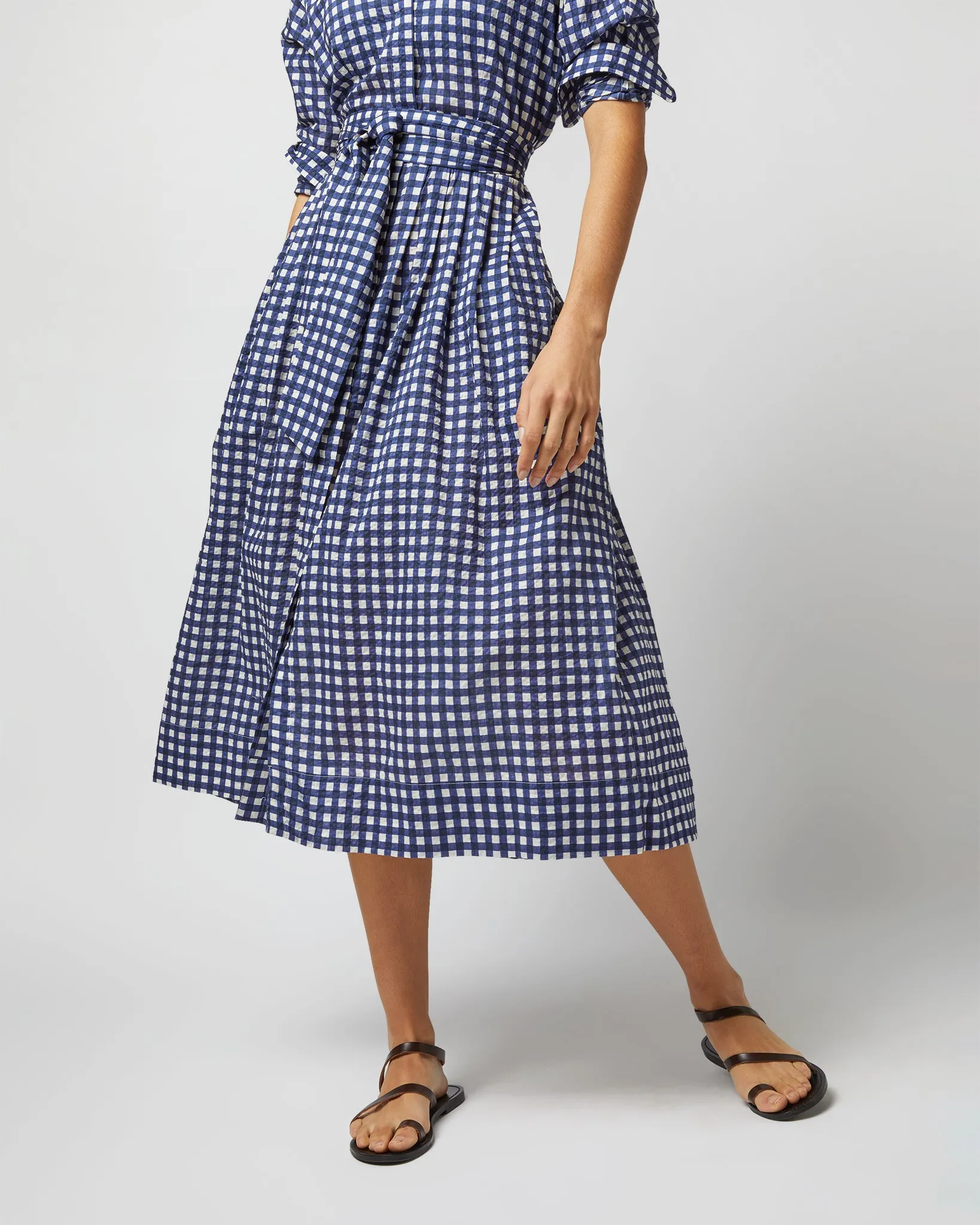 Kimono Shirtwaist Dress in Navy/Ivory Gingham Seersucker