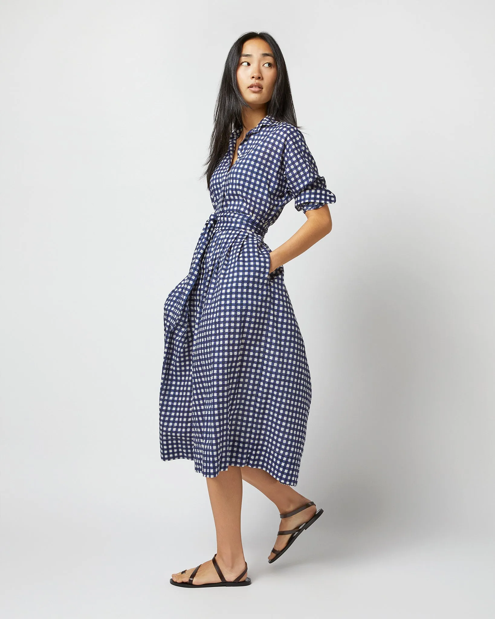 Kimono Shirtwaist Dress in Navy/Ivory Gingham Seersucker