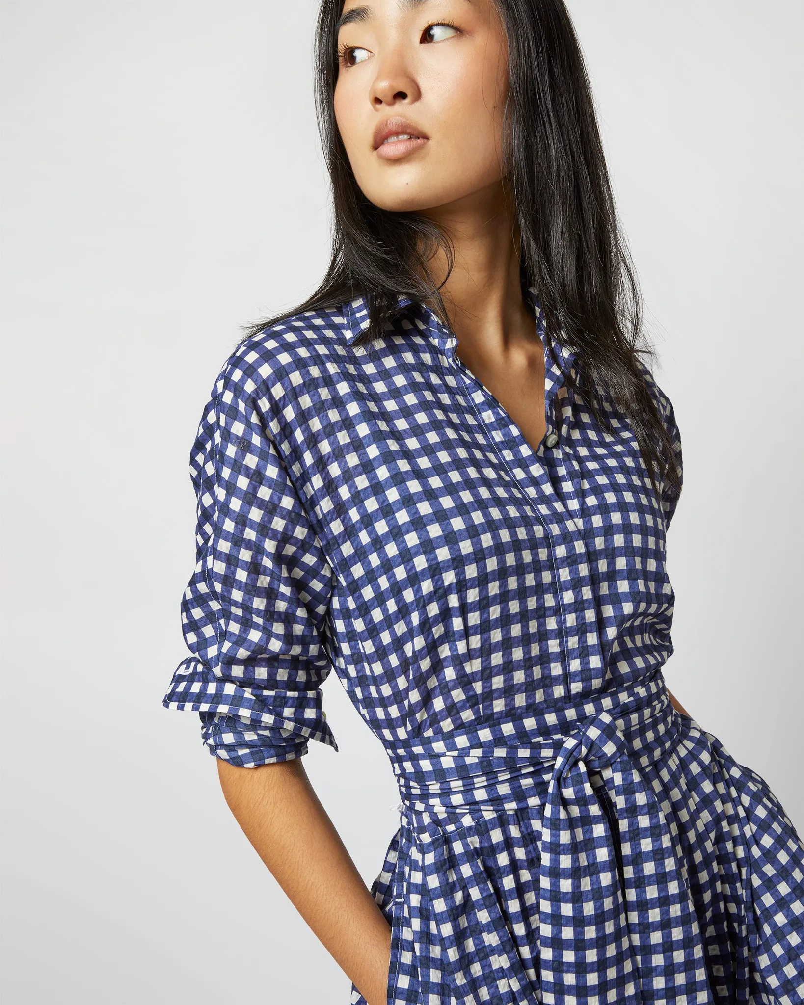 Kimono Shirtwaist Dress in Navy/Ivory Gingham Seersucker