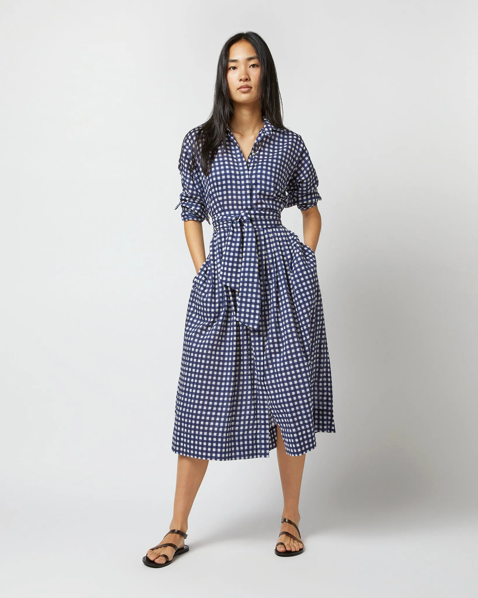 Kimono Shirtwaist Dress in Navy/Ivory Gingham Seersucker