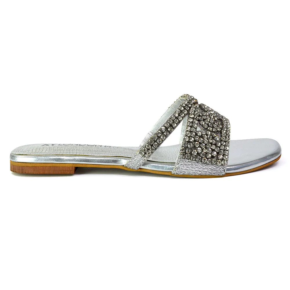 Kingsley Embellished Diamante Flat Sandal Slides Summer Square Toe Shoes in Black