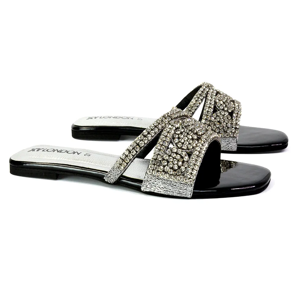 Kingsley Embellished Diamante Flat Sandal Slides Summer Square Toe Shoes in Black