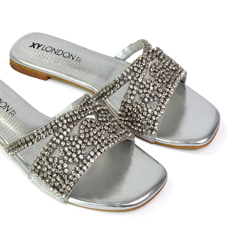 Kingsley Embellished Diamante Flat Sandal Slides Summer Square Toe Shoes in Black