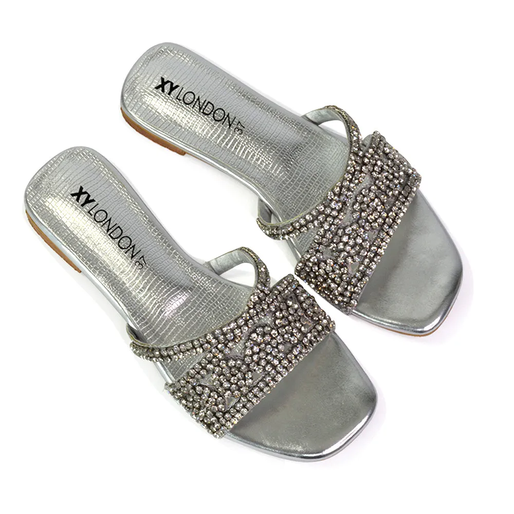 Kingsley Embellished Diamante Flat Sandal Slides Summer Square Toe Shoes in Black