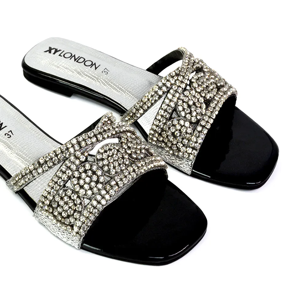 Kingsley Embellished Diamante Flat Sandal Slides Summer Square Toe Shoes in Black