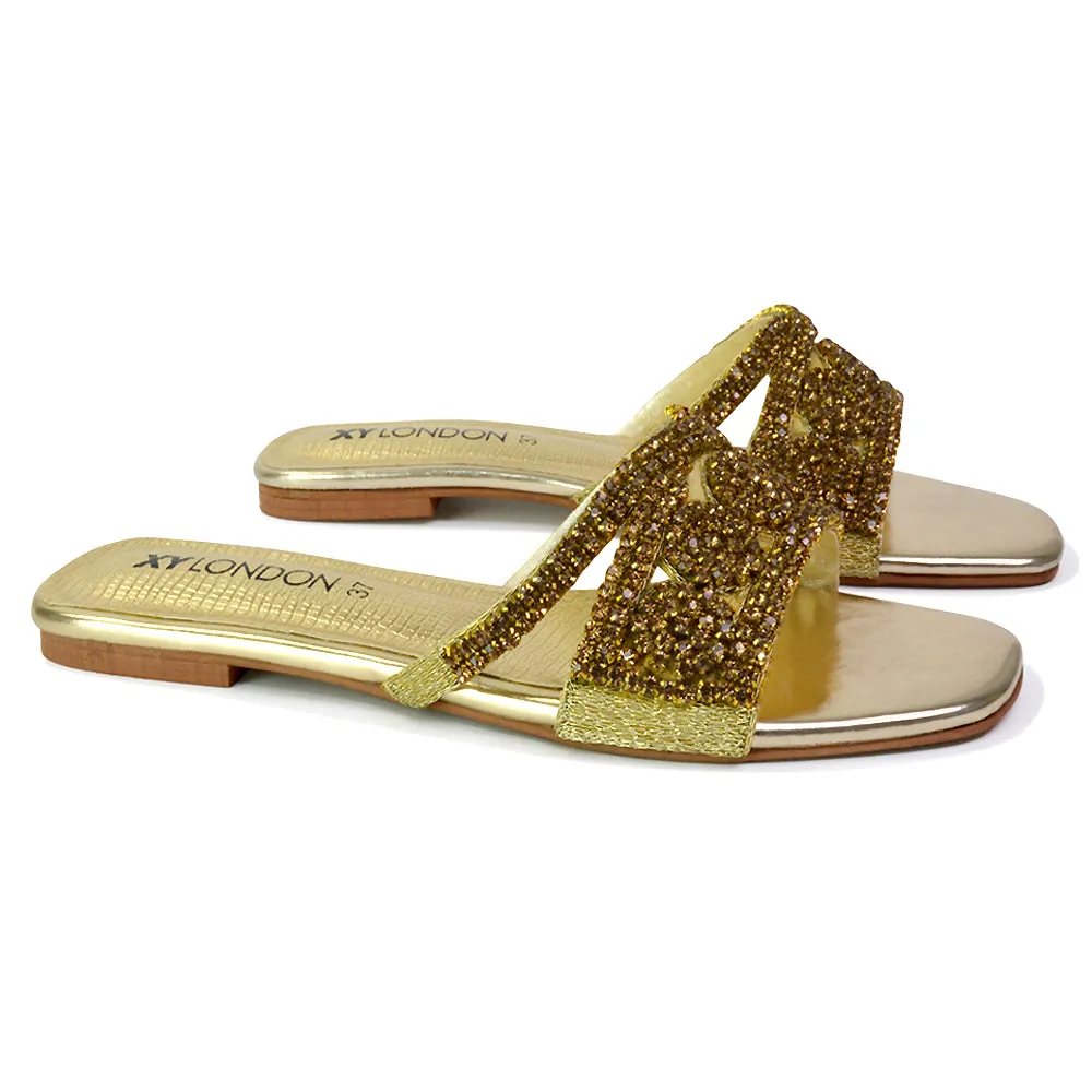 Kingsley Embellished Diamante Flat Sandal Slides Summer Square Toe Shoes in Black