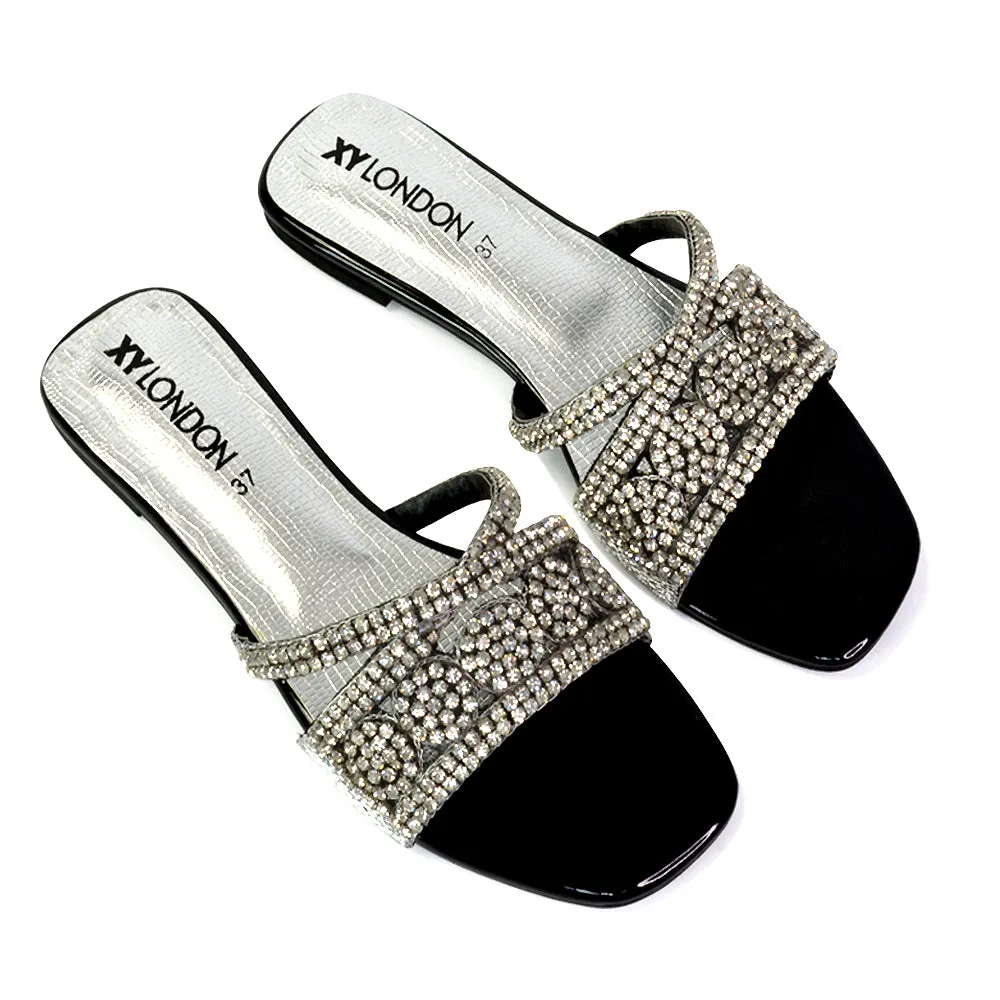 Kingsley Embellished Diamante Flat Sandal Slides Summer Square Toe Shoes in Black