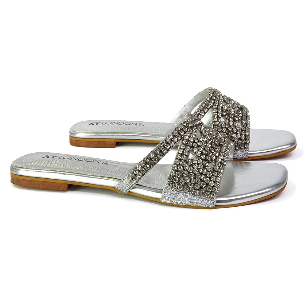 Kingsley Embellished Diamante Flat Sandal Slides Summer Square Toe Shoes in Black