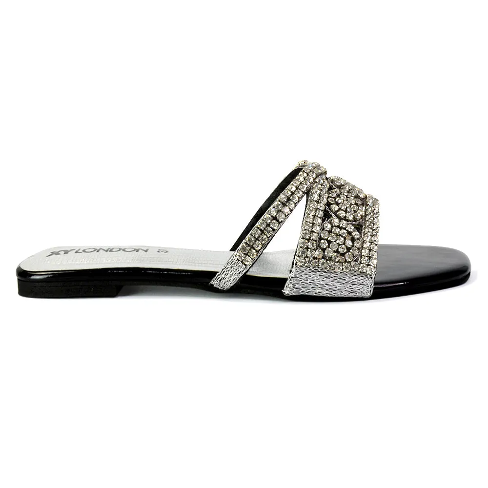 Kingsley Embellished Diamante Flat Sandal Slides Summer Square Toe Shoes in Black